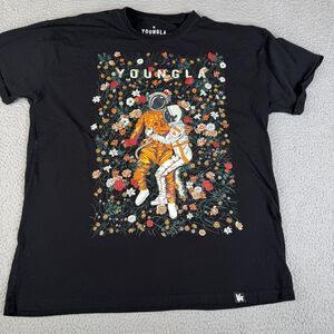 YOUNGLA Astronaut Floral Space T-Shirt Mens XL Black Short Sleeve Cuffed